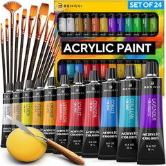 Complete Acrylic Paint Set – 24х Rich Pigment Colors – 12x Art Brushes with Bonus Paint Art Knife & Sponge – for Painting Canvas, Clay, Ceramic & Crafts, Non-Toxic & Quick Dry – for Kids & Adults